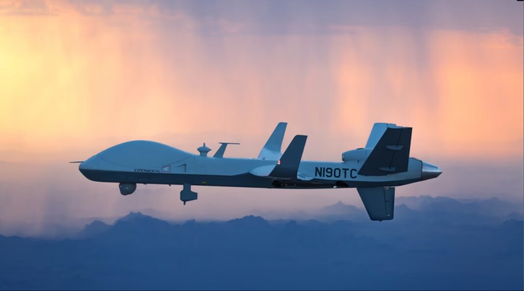 An MQ-9B SkyGuardian owned by A-ASI takes off for Royal Air Force (RAF) Fairford in Gloucestershire, UK, during a flight. (Photo. Courtesy Business Wire) the imperial intelligence