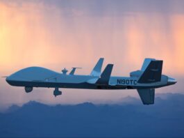 An MQ-9B SkyGuardian owned by A-ASI takes off for Royal Air Force (RAF) Fairford in Gloucestershire, UK, during a flight. (Photo. Courtesy Business Wire) the imperial intelligence