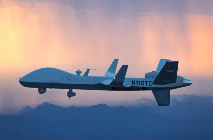 An MQ-9B SkyGuardian owned by A-ASI takes off for Royal Air Force (RAF) Fairford in Gloucestershire, UK, during a flight. (Photo. Courtesy Business Wire) the imperial intelligence