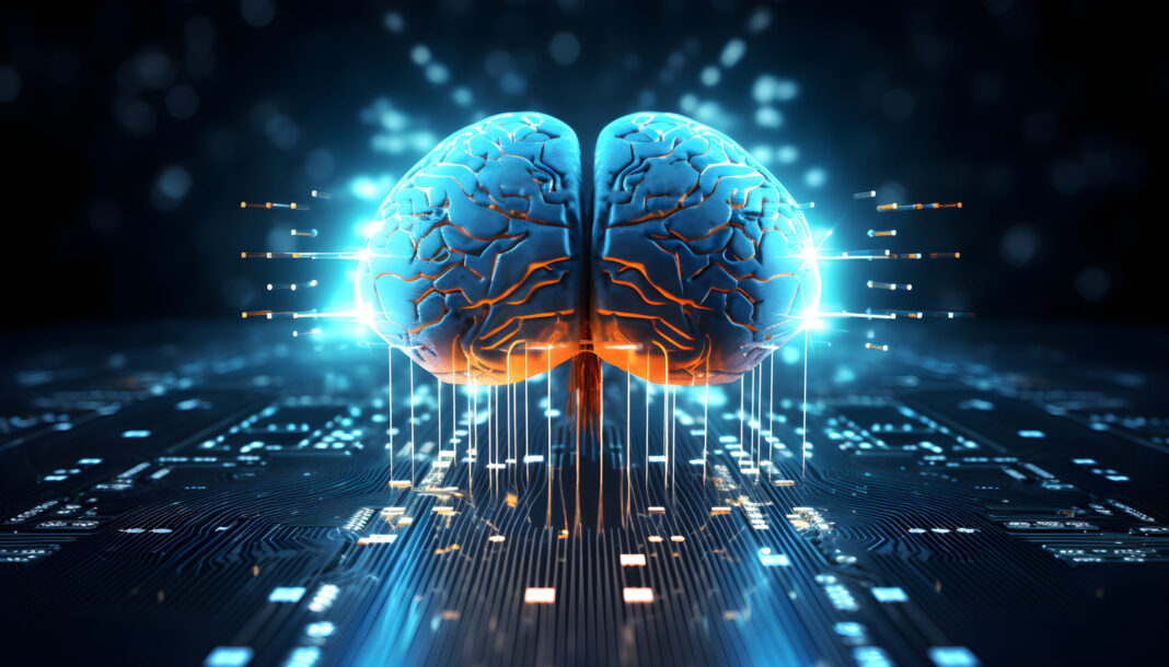 A human brain combined or merged with digital AI technology, the artificial intelligence concept, Generative AI.