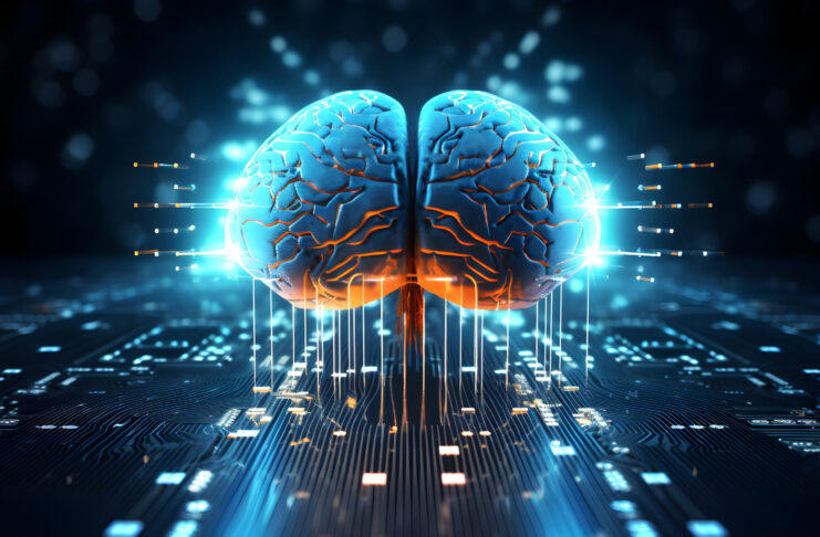 A human brain combined or merged with digital AI technology, the artificial intelligence concept, Generative AI.